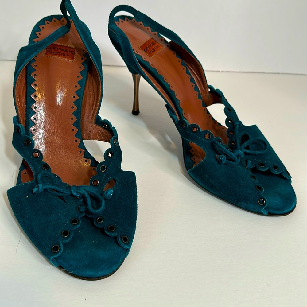 Goffredo Fantini Teal Slingback Shoes with Open Toe and Metallic Heel Sz 40 EU